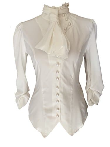 White Ivory Steampunk Gothic Victorian Pirate Cravat Ruffle Vamp Button Blouse Top (14 X-Large)
