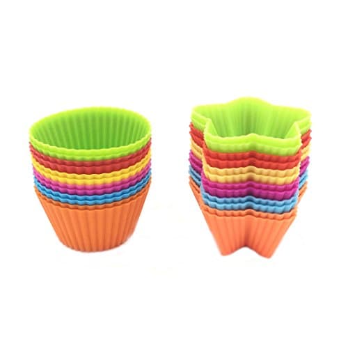 Reusable and Non-stick Silicone Baking Cups/ Muffin Cup Molds/ Truffle Cups 24 Pack 6 Vibrant Colors (Round + Star)