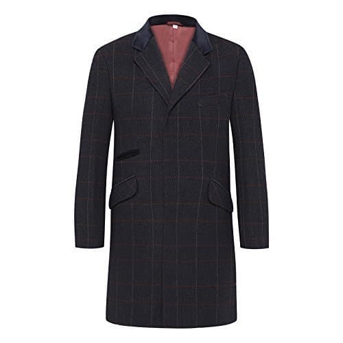 Men's Wool Mix Slim Fit Checked Coat Herringbone Tweed Crombie Luxury Overcoat (2XL (44-46"), Navy Check)