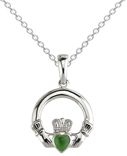 Irish Celtic Claddagh Silver &amp; Green Agate Pendant with 20" Silver Chain -Gift Boxed