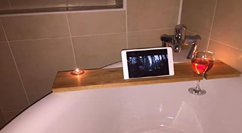 Oak Wooden Bath Caddy/Bath Buddy/Bath Tray with iPad/Tablet, glass and candle holders