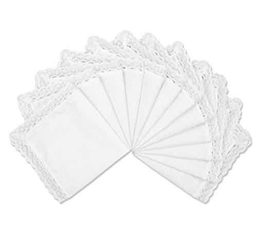 MSLONG Women's Solid White Cotton Handkerchiefs with Lace (6 pcs)