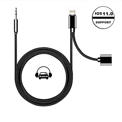 iPhone X 10 8 7 Aux Charger Cable, 2 in 1 Extend Lightning to 3.5mm Car Stereo Audio Jack Adapter and 8 Pin Female Lightning Charging Converter,Support Apple iOS 10.3(Black)