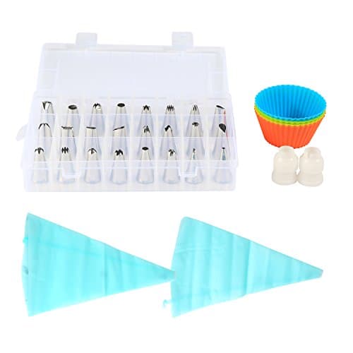 Cake Piping Tips Kit, Ballery Cake Decorating Set With 28 Icing Nozzles, 2 Reusable Piping Bags, 2 Couplers, 10 Disposable Piping Bags and 4 Silicone Cupcake Moulds for Cakes Cookies Pastry