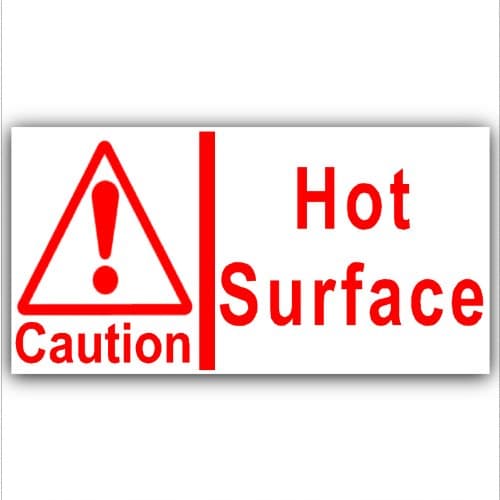 2 x Stickers Caution Hot Surface Signs Catering Cafe Restaurant Bar Pub Kitchen Oven Heat Press Health and Safety Notice Self Adhesive Labels 90x60mm Red on White Small