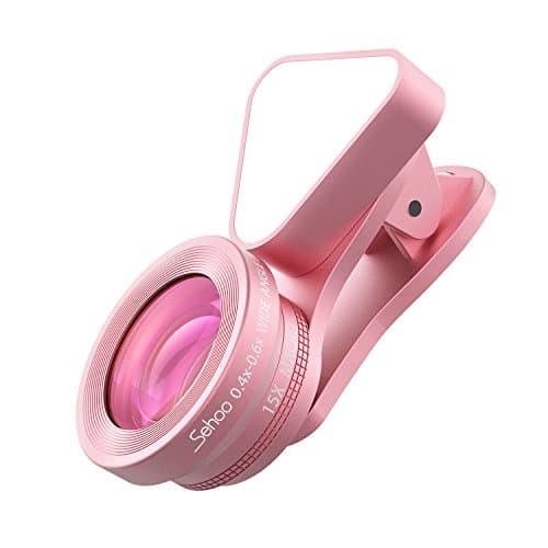 SEHOO 3 in 1 Lens, Fill Light, 140 Degree Wide Angle, 15X Macro Lens Clip-on Cell Phone Camera Lenses Kit for iPhone Samsung, Android Smartphones (Rose Gold)