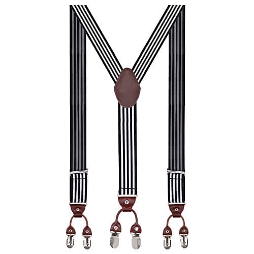 Men Braces 35mm Standard Adjustable and Elastic Suspenders Y Shape with 6 Strong Clips / White stripe