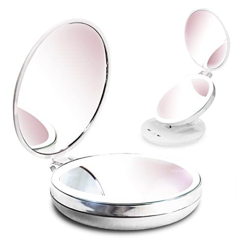 Vuezee LED Travel Makeup Mirror 10X 1X Magnifying - Folding Portable Lighted Mirror