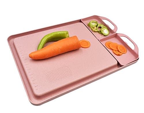 Kitchen Chopping Board with 2 Trays, Multifunctional Wheat Straw Cutting Board ECO Friendly for Vegetables, Meat, Fruit, Bread, Other Food by Kayear Pink