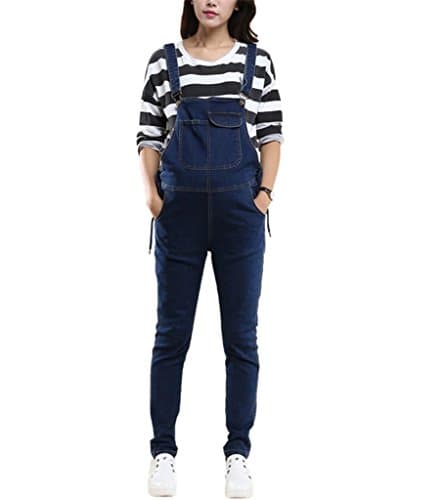 Klorim Women's Fall Cotton Comfy Lace Up Stretch Denim Bib Overalls - Blue -
