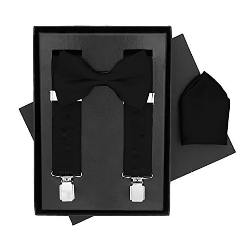 Black Classic Traditional Bow Tie Braces Handkerchief Gift Set 3 Piece