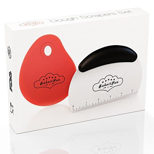 BakeitFun Large Stainless Steel and Silicone Dough Scrapers Set | Plastic Handle Cutter &amp; Flexible Curved Perfect to Work With Bowl | 2 Pack Multipurpose Scraper with US Measuring Scale and Conversion