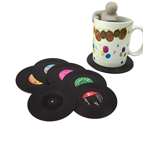 Vinyl Record coasters set of 6 , Disk Coasters with Funny Labels, Prevents Table Damage and Spill, Gift Ideal for Home, Bar and Restaurant