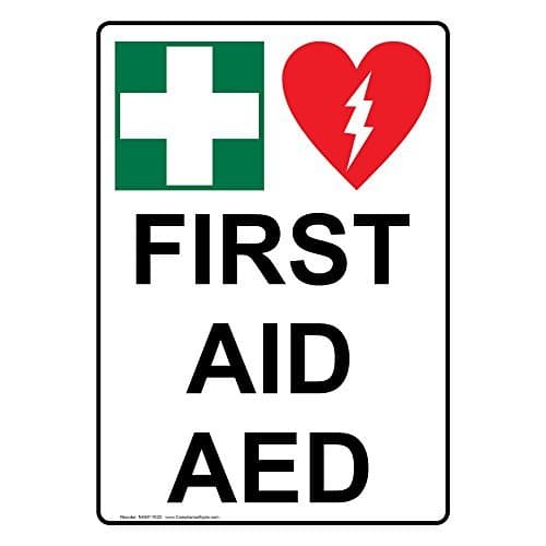 Vertical Aluminum First Aid AED Sign, 10 x 7 in. with English Text and Symbol, White