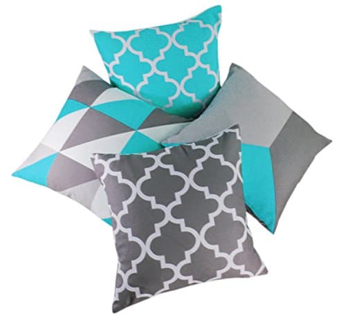 Red Rainbow Modern Teal Blue & Grey Geometric Design, with Contrast Colour Reverse Side, Set of 4 Different but Coordinating Prints, 18 inch Cushion Covers