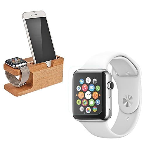 Apple Watch Stand &amp; Tempered Glass Screen Protector / iZarin iWatch Bamboo Wood Charging Stand Bracket Docking Station Stock Cradle Holder + Glass Screen Protector Premium Oleophobic Screen Guard made specifically for Apple Watch 38mm Version
