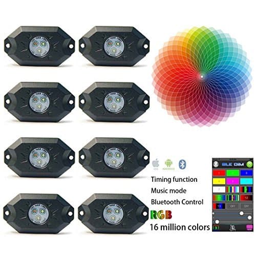 KAIL 9W 8 Pods Multicolor Neon LED Light Kit RGB LED Rock Lights with Bluetooth Controller Timing Function Music Mode