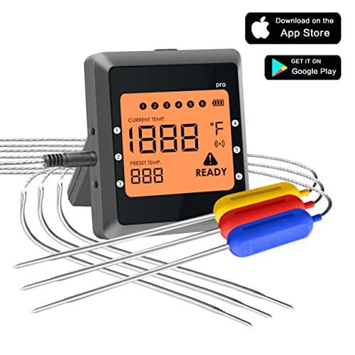 Cooking Thermometer, Collen Digital Bluetooth Wireless Meat Candy Food BBQ Thermometers for Kitchen Oven, Baking, Grill, Smoker, 200ft Remote Range / LCD Screen / 6 Long Probes for IOS iPhone Android