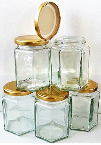 59 x 190ml 8oz HEX PRESERVE HEXAGONAL GLASS JAR JAM HONEY CHUTNEY GOLD LIDS BY CONNIIX