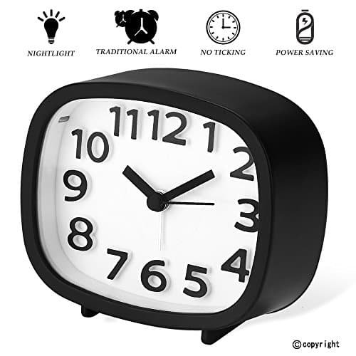 Jcobay Non Ticking Alarm Clock, Battery Powered Bedside Clock Silent Simple to Set Travel Clocks with Nightlight