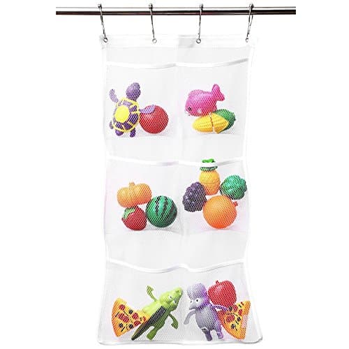 Quick Dry Hanging Bath Bag with 6 Pockets | Hang on Shower Curtain Rod Mesh Organizer with 4 Liner Hooks Rings for Bathroom Accessories &amp; Save Space