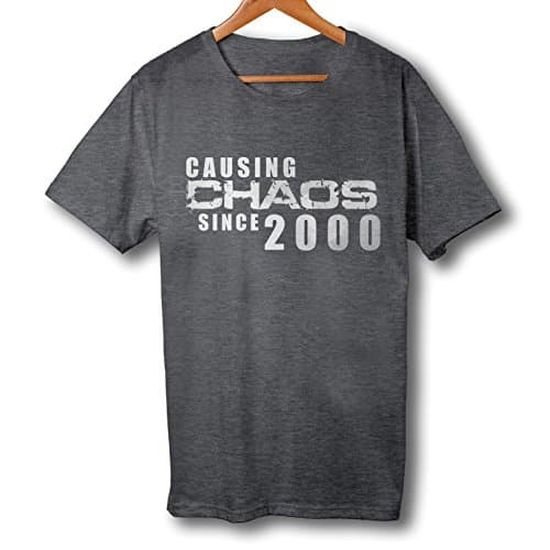 Mojo Clothing 18th Birthday Gift Causing Chaos Since 2000 18th Birthday Present - Womens Fitted &amp; Mens Fit T Shirts. Distressed Print