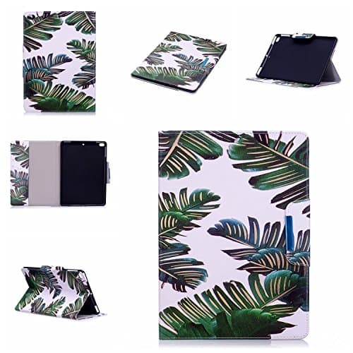 JHTC for Apple New iPad 9.7 inch 2017 / iPad 8 Case with Auto Sleep &amp; Wake Function Flip Wallet Case Leather Soft Silicone Shock Proof Protective Backcover with Stand Credit Card Holder Magnetic Cover Ultra Thin Green Leaves Personalised Cute Funny Patterned Clear Design Colorful Cases Gift for girls