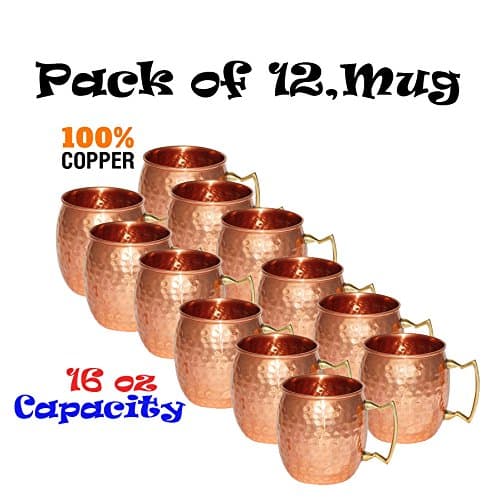 Solid Copper Moscow Mule Mug - Set of 12 Mugs - No Lining - 100% Pure Copper - Hammered Type Copper Mug - 45 cL Capacity - Great for Any Chilled Beverage! Brilliant for Entertaining &amp; Your Home Bar Cart! Unique Barware Gifts for Women &amp; Men (12 Mugs)