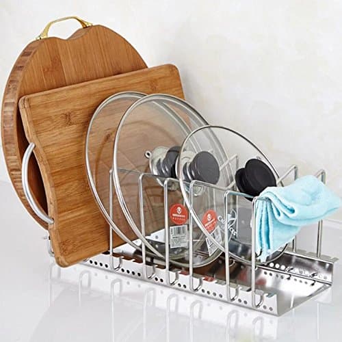 Multifunction Stainless Steel Adjustable 6-Compartment Pan Pot Organizer Rack Kitchen Cabinet Pot Lid Organizer Storage Rack
