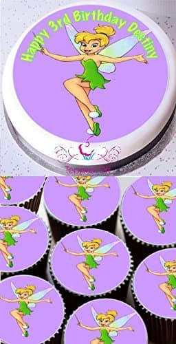 Tinkerbell - 1 x 7.5" &amp; 12 x 1.5" round fondant icing edible cake topper and printed with your custom greeting (Birthday Pack)