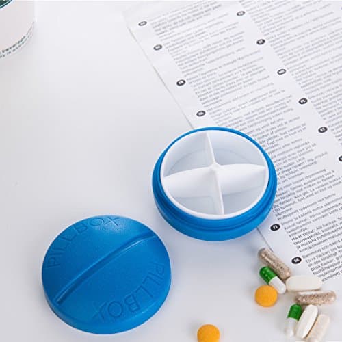 Pill Storage Box Set 4 Compartments Portable Medicine Case Tablet Capsule Pill Organizer round Multicolour Plastic Medication Holder for Trip Travel Journey (blue)