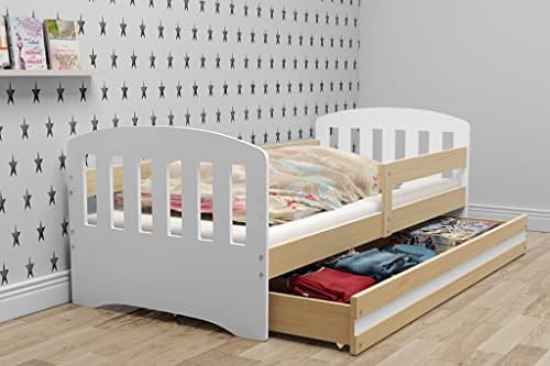 CLASSIC single children's bed, 160x80 wooden solid beds for boys and girls +free mattress and storage (Pine)