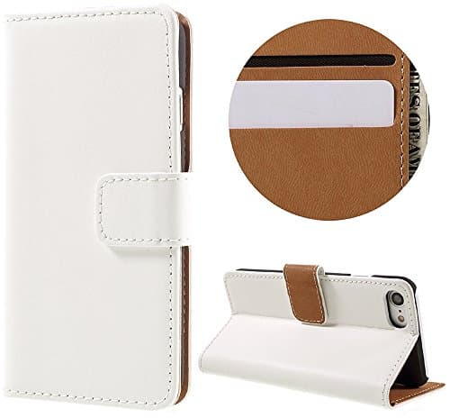 iPhone 7 Genuine Leather Wallet Flip Case White with Tan Interior Slim Cover Holder+2 Retina Screen Protector (iPhone 7, White)