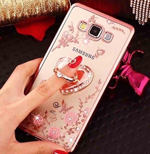FESELE Galaxy J7(2016) Case,Galaxy J7(2016) Silicone Case,Pink Flower Luxury Crystal Rhinestone Plating Frame Soft TPU Rubber Bumper Case Ultra-slim Bling Diamond Glitter Back Case with Love Heart Ring Kickstand for Samsung Galaxy J7(2016) + 1 x Blue Stylus Pen - Rose Gold