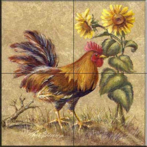 Ceramic Tile Mural - Rooster in the Sunflowers - by Rita Broughton - Kitchen splashback / Bathroom shower