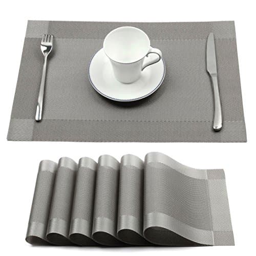 sumuya Table Mats, Dining Table Place Mats Washable Placemats Stain Resistant Anti-skid Silver Placemats for Kitchen and Dining Room Set of 6 Grey