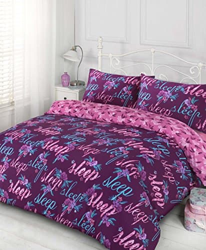 Decorative Text Plum Reversible Duvet Set Quilt Cover Bedding &amp; Pillow Case Bedroom Set (3 sizes) (Single)