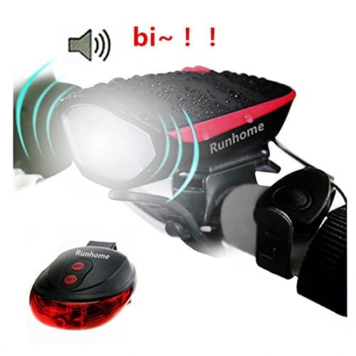 USB LED Bike Light Set, Runhome Super Bright Bicycle Rechargeable Head Lights with 3 Light Modes 2 Horn Sounds Water Proof 6 Hours Runtime And Tail Lights Front And Back