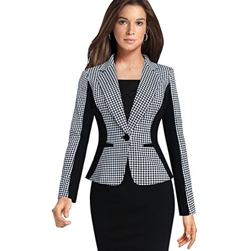 Women's Houndstooth Slim Fitting One Button Womens Business Work Blazer Jackets Tops