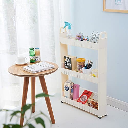 CFstc Kitchen Storage Trolleys Slide Out Storage Tower Movable Detachable Shelf With Wheels 3 Tier For Kitchen Bathroom Living Room (White)