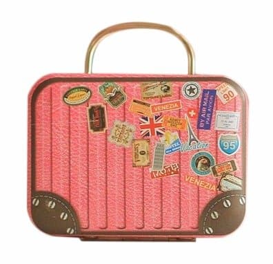 box tin tiny small decorative metal nostalgia suitcase pink stamps