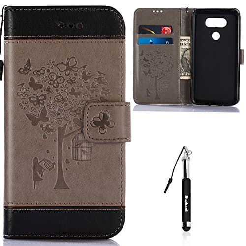 LG G6 Leather Case,Flip Wallet Case for LG G6,Huphant Butterfly Tree Girl Cage Stitching Embossed Pattern,Smooth Lines Comfortable Touch Advanced PU Holster Card Slots Holster Can Stand And Magnetic Closure Closed Protection Function + Black Retractable Dust Plug Stylus Pen (Gray)
