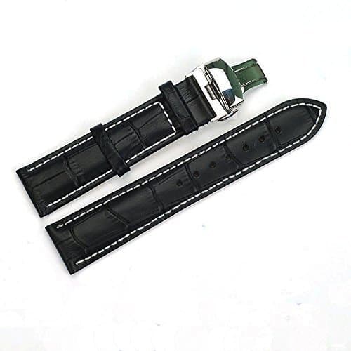 ACUNION™ 22mm Cowhide Leather Watch Band Push Button Butterfly Deployment Buckle Watch Strap Black