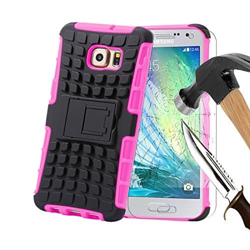 For Samsung Galaxy J3(2016), Armor Case Tough Rugged Shock proof Armorbox Dual Layer Heavy Duty Carrying Hybrid Hard Slim Protective Case For Galaxy J3(2016) (with Kickstand) + Tempered Glass Screen Protector-Pink