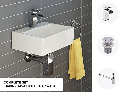 Basin Sink Square Ceramic Small Cloakroom Wall Hung Bathroom Sink + Tap + Wast Bottle Trap