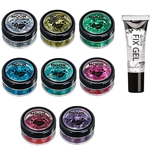 Biodegradable Eco Chunky Glitter by Moon Glitter - Set of 8 Colours + Fix Gel - Cosmetic Bio Festival Makeup Glitter for Face, Body, Nails, Hair, Lips - 3g