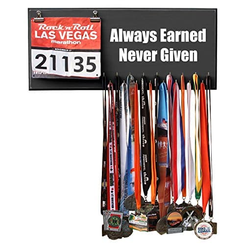RunRilla Medal Hanger, Display, Holder Always Earned Never Given, Black, 17 Hooks