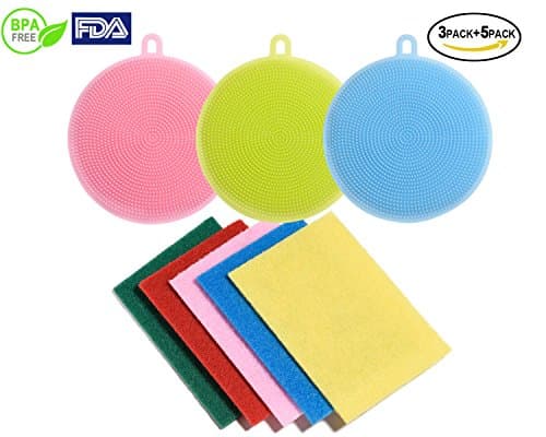 Food Grade Silicone Dish Scrubbers Antibacterial Brushes Multi-purpose Cleaning Brushes Kitchen Sponges for Washing Glass Bottle Pot Pan Fruit and Vegetable 8 Pack (8 Pack round shape in multi-color)
