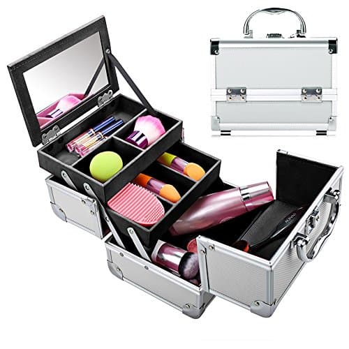 Cosmetic Make Up Storage Box, Mini Aluminium Beauty Make Up Nail Cosmetic Box Vanity Case (Sliver_Black)