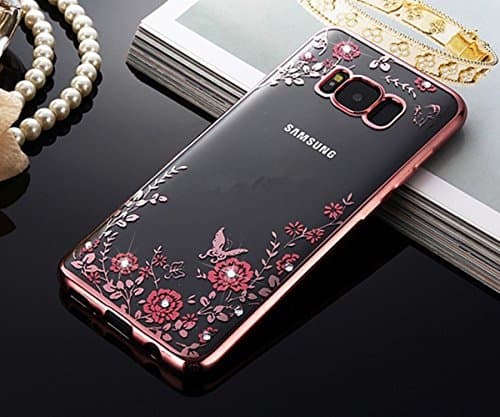 TPU Case for Samsung Galaxy S8, Case Silicone Soft Elegant Cover for Galaxy S8, ZCRO Flowers Butterfly Pattern Transparent Silicone Gel TPU for Samsung Galaxy S8, Electroplating Bumper Frame Bling Crystal Glitter Sparkle Rhinestone Diamonds Design Flexible Luxury Fashion Ultra Thin Durable Clear Rubber Silicone Back Cover for Samsung Galaxy S8 (Rose Gold and Pink)